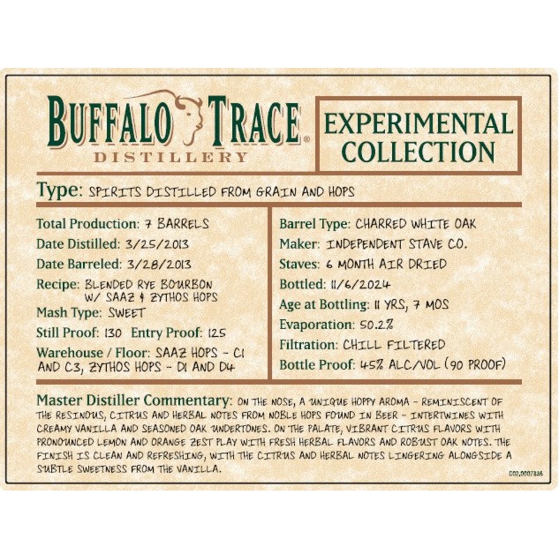 Buffalo Trace Experimental Collection Spirits Distilled from Grain and Hops