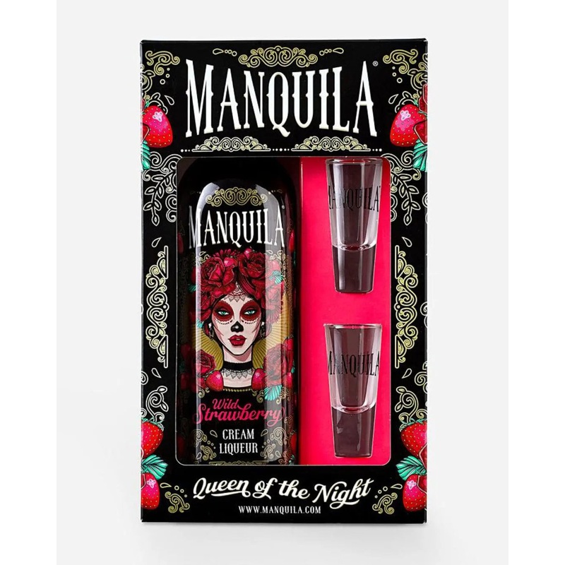 Manquilla Wild Strawberry Cream Liqueur and Shot Glasses Gift Set, 70 cl