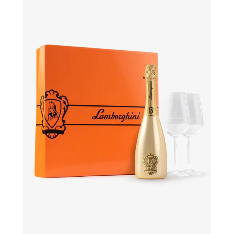 Lamborghini Gold Brut Sparkling Wine Gift Set With 2 Crystal Glasses, 75 cl